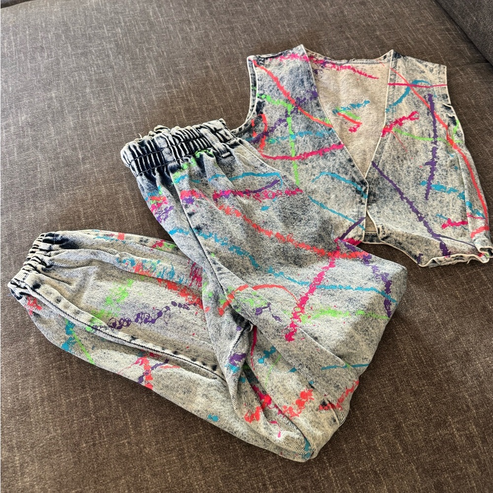Vintage 80s-90s Splatter Painted Stone Wash Jeans for Girl’s, Size 7-8